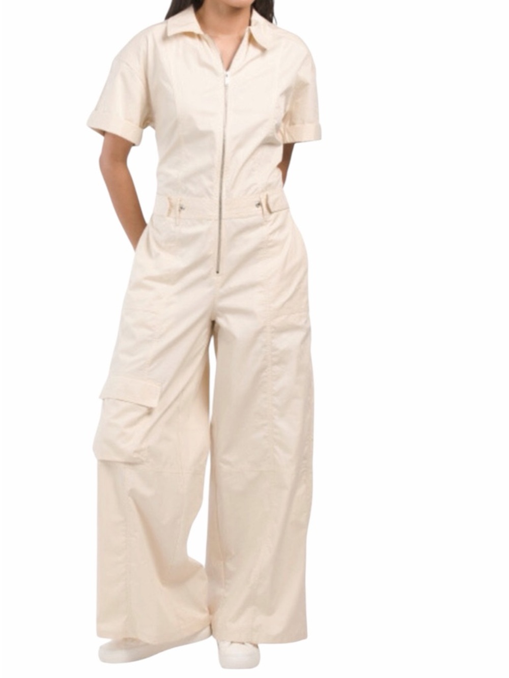 ZARA White Beige Short Sleeve Utility Jumpsuit Cotton Wide Leg - Medium
